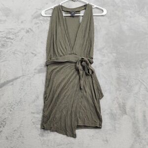 May Pink Dress Womens M Green Ribbed Halter Wrap Tie Waist Asymmetrical Hem